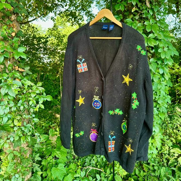 Vintage 90's Basic Editions Black Bedazzled Christmas Sweater Cardigan 3XL - Picture 1 of 7